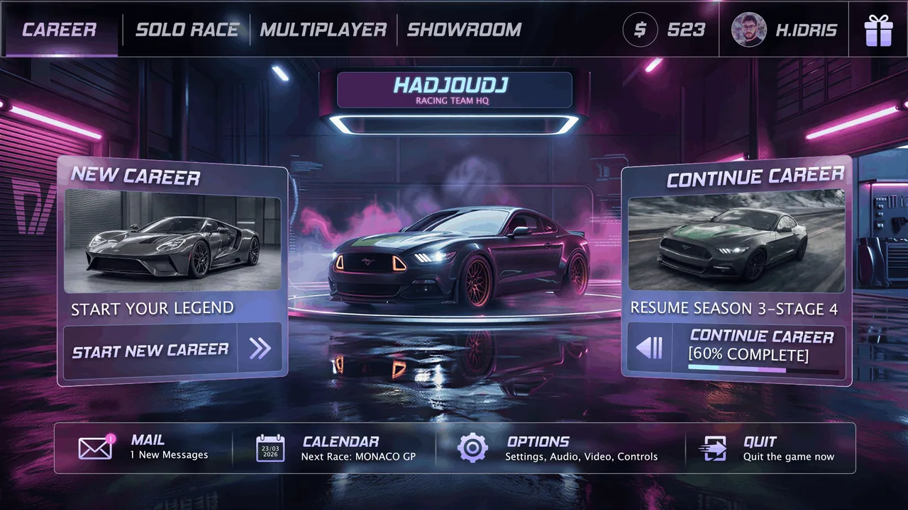 Nocturne Drive: Futuristic racing, full UI/UX system